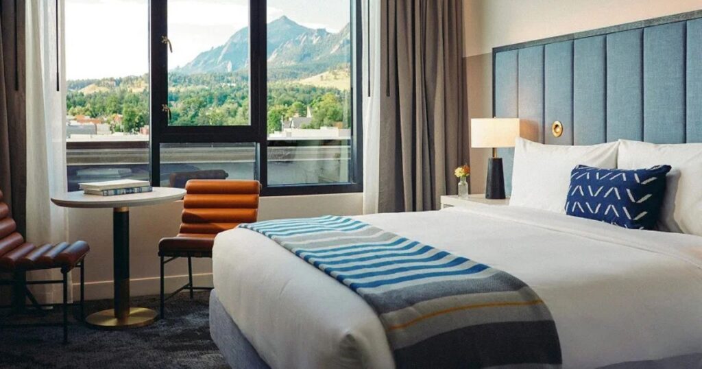 Limelight Hotel, Boulder view of bedroom overlooking flatirons