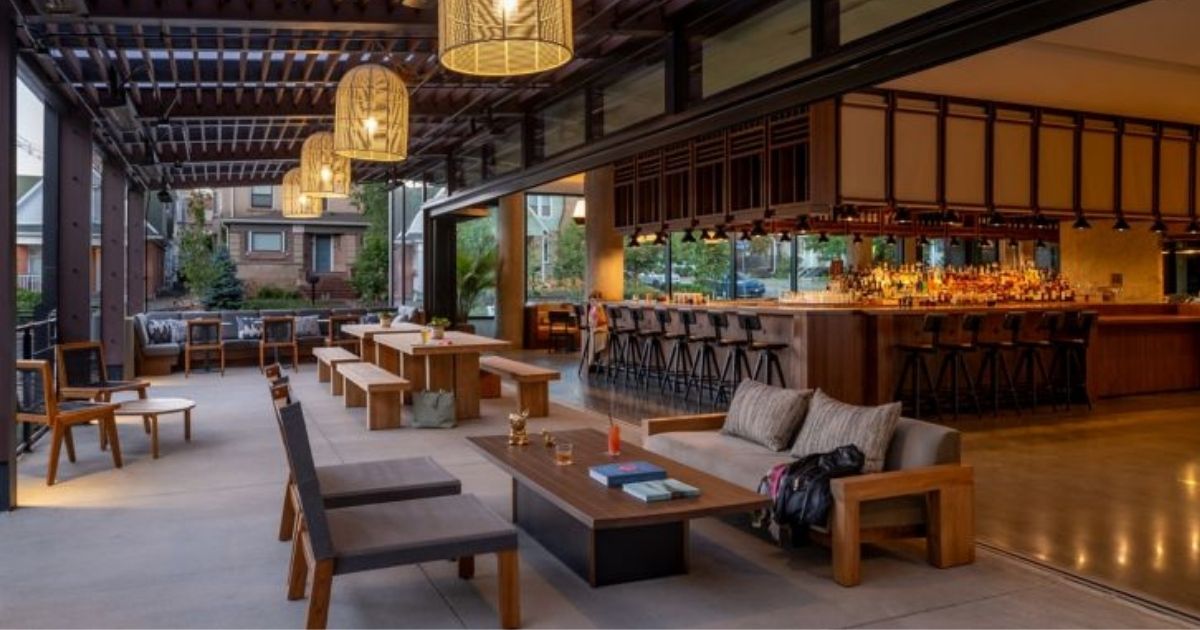 Lobby of the Moxy Hotel, one of the best hotels in Boulder for corporate travel